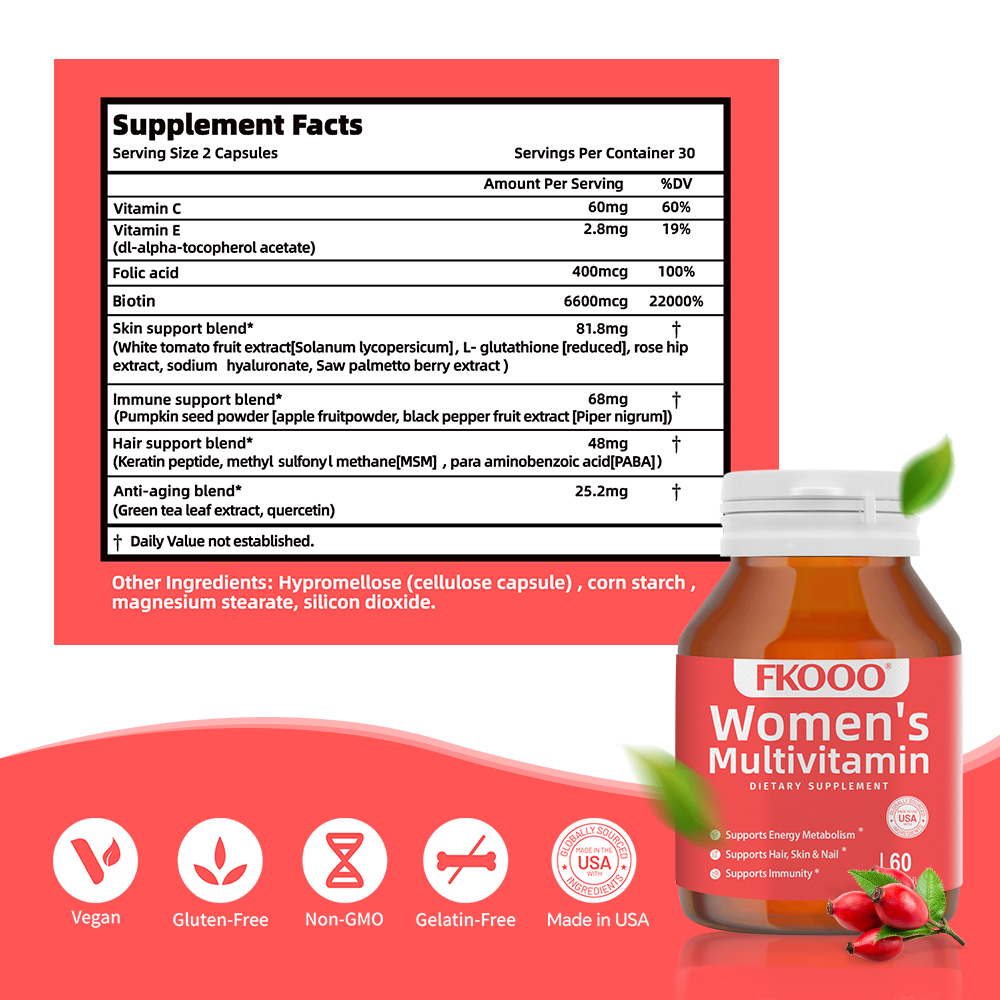 FKOOO Multivitamin for Women - Hormone Balance & Skin Glow Supplement- 60 Tablets with Quercetin, vitamin C, vitamin E, keratin peptide - Anti-aging Skin support, rejuvenating, Immune system support Hair nutrition nourishes your hair