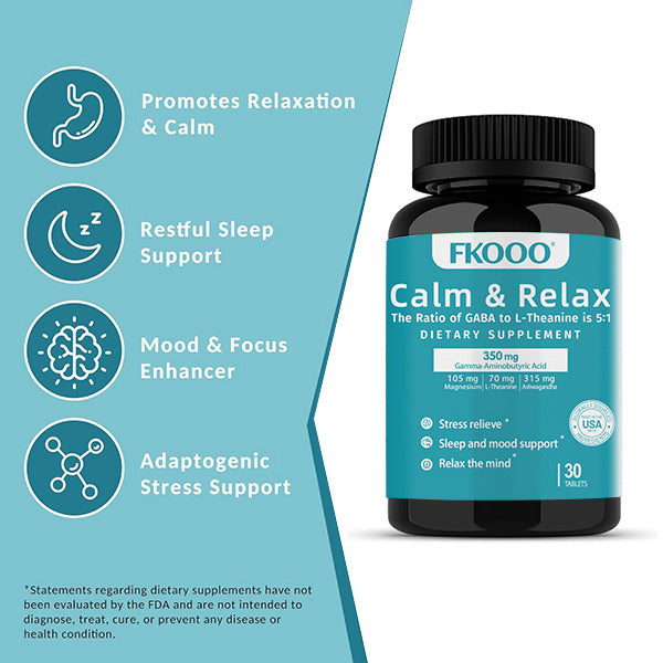 FKOOO Ashwagandha Stress Anxiety Relief Tablets ,Calm & Relax Support with GABA L-Theanine Ashwagandha, Magnesium, Tryptophan