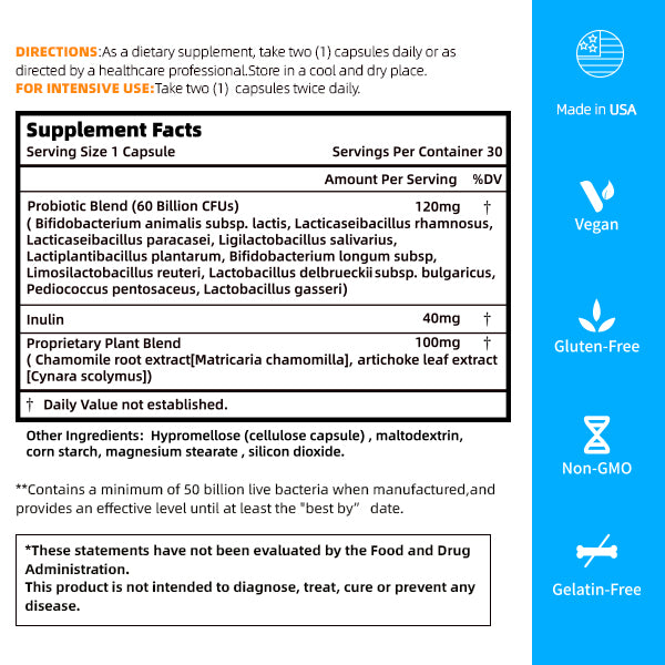 FKOOO Probiotics for gut health 60 Billion CFU 10 Strains, Multi Veggie Capsules, All-Natural Plants, Stomach Acid Resistant, Digestive Support